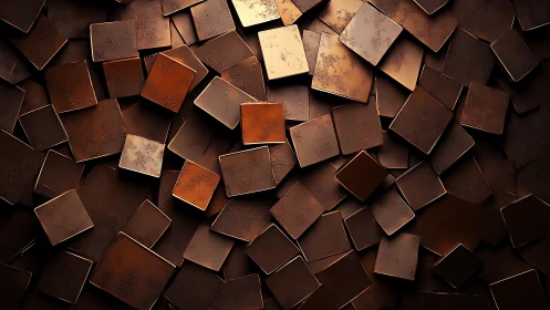 Parametric tiling of rusted metallic squares under oblique light.