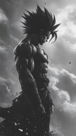 Monochrome muscular warrior in dynamic side profile under stormy sky