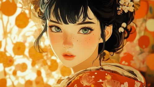 Chromatic portrait of freckled girl in floral kimono glow.