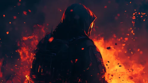 Silhouetted Figure Engulfed in Luminous Fire and Particle Effects