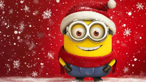 3D yellow mascot in Santa outfit on red snowy backdrop