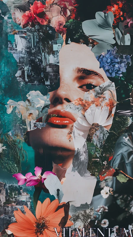 Floral collage portrait with fragmented urban textures.
