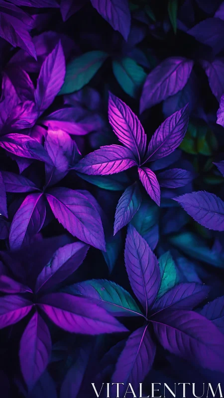 Purple and teal foliage under dramatic neon lighting.