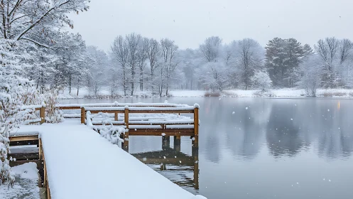 Snow-laden lakeside pier under diffuse winter atmospheric optics.