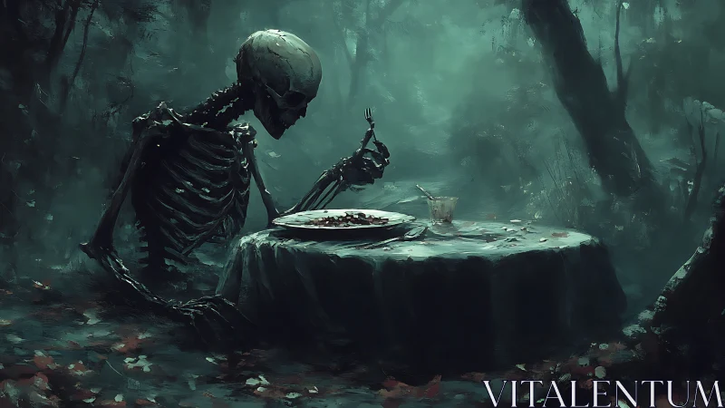 Skeletal figure seated at solitary forest dining table.