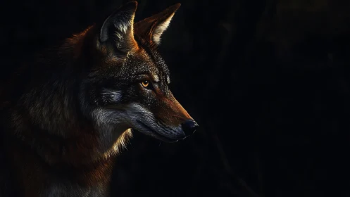 Ember eyed coyote poised on the edge of shadowed silence.