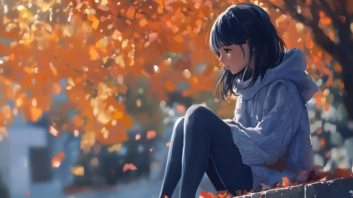 Solitary seated figure observed against blurred autumn foliage