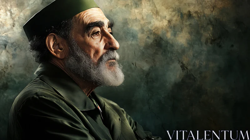 Elderly man in uniform profile against textured backdrop.