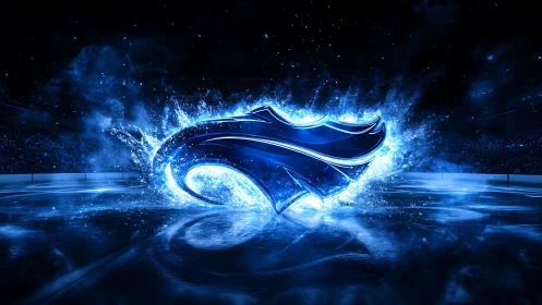 Blue neon hawk emblem explodes over icy arena floor