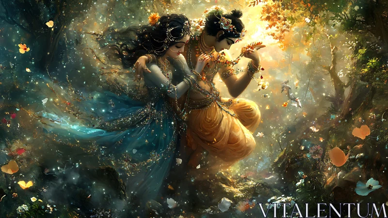 Divine forest lovers swirling through petals and golden light.