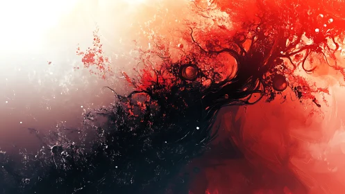 Abstract red and black tree form in swirling motion.