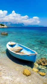 Weathered blue rowboat rests on clear turquoise shore