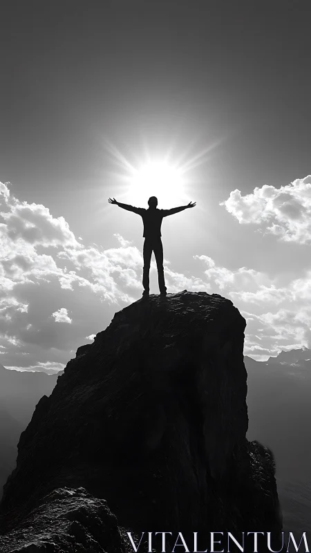 Silhouetted climber crowns mountain peak against radiant backlight