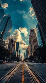 Golden hour city street stretches toward a glowing skyline