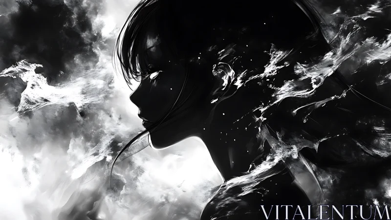 Inkborn stargazer dissolves into swirling monochrome nebulae