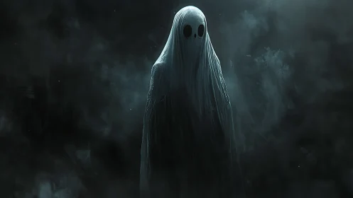Solitary ghostly figure in dark atmospheric misty void.