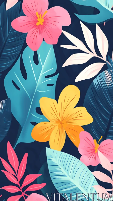 Tropical Floral Illustration with Pink Yellow Flowers and Teal Leaves