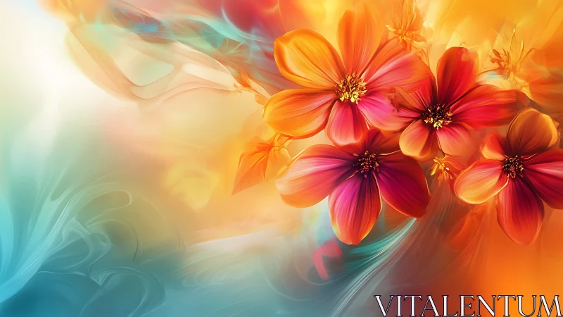 Digital flowers bloom in flowing abstract light gradients