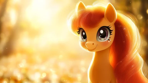 Sunlit pony friend with glowing mane in golden forest.