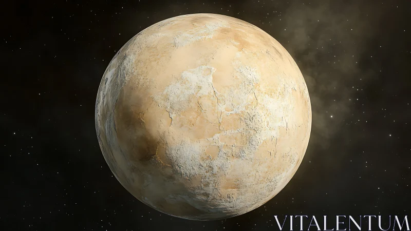 Desert-colored rocky planet with cracked surface in space.