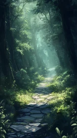 Ancient forest path beneath canopy with luminous mist