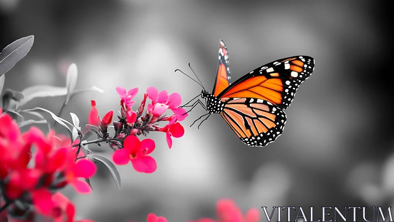 Monarch wings ignite grayscale garden in quiet midair pause