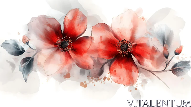 Luminous red poppies rendered with translucent watercolor technique and gestural brushwork.