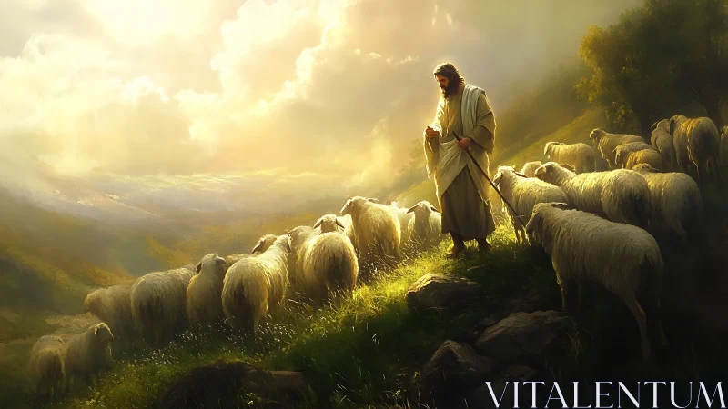 Shepherd guides hillside flock through golden evening light