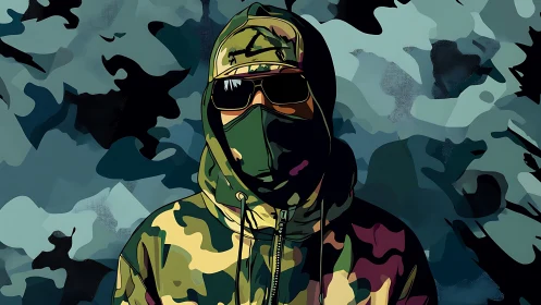 Camouflage hooded figure in bold digital vector style.
