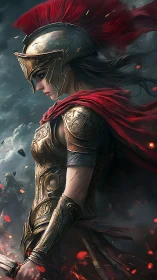 Armored warrior profile displays ornate bronze plating and dynamic cape