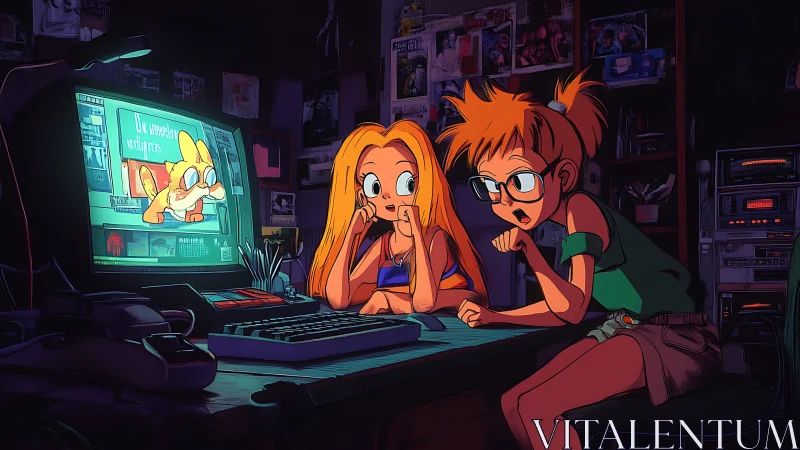 Curious friends share a late night at a glowing retro computer