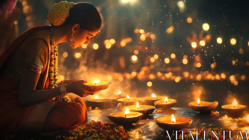 Woman in sari lighting clay oil lamps during Diwali night.