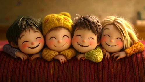 Four Cheerful Children in Cozy Knit Sweaters Huddled Together