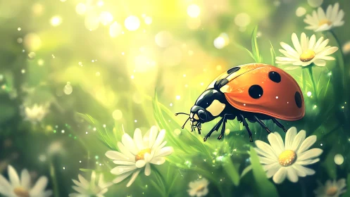 Ladybug explores sunlit daisies in a glowing spring garden