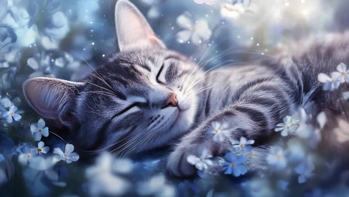 A Peaceful Tabby Cat Napping Among Delicate Blue Flowers