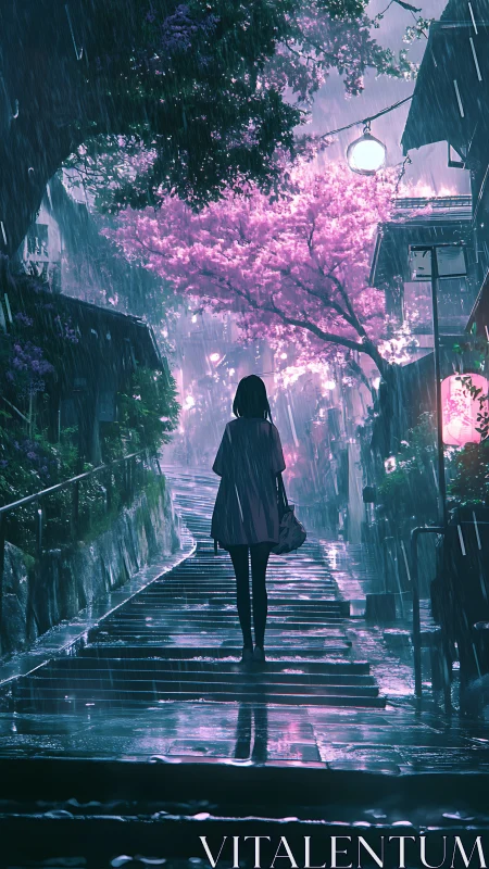 Rain-drenched steps cradle a lone dreamer under neon petals