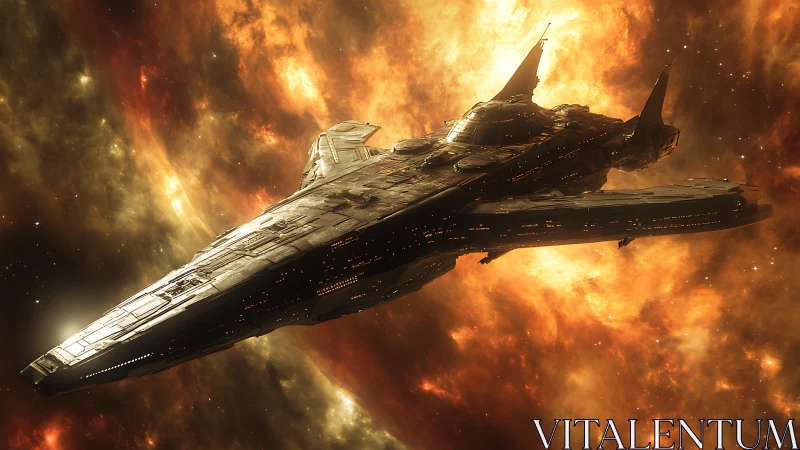 Colossal starship cuts through molten-gold cosmic nebula