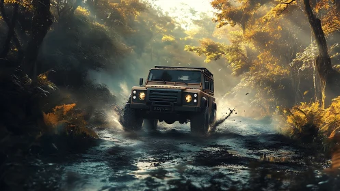 Off road 4x4 truck driving through misty forest trail.