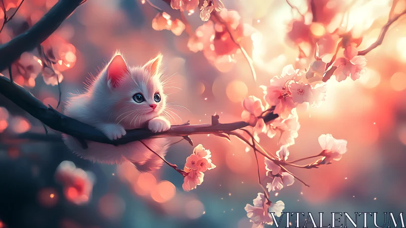Tiny White Kitten Among Blossoming Cherry Flowers.