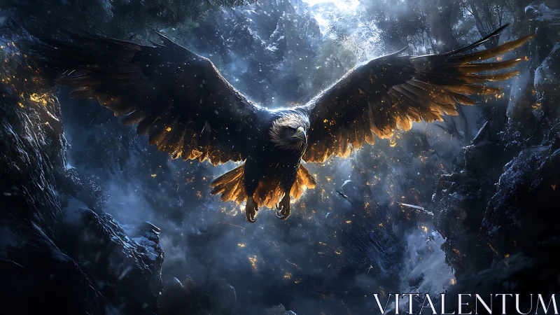 Luminescent raptor in glacial canyon under embered updrafts.