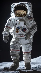 Lunar astronaut in harsh spotlight on rugged moon terrain.