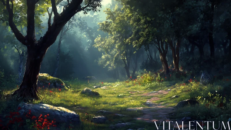 Enchanted Forest Clearing With Ancient Trees and Wildflowers