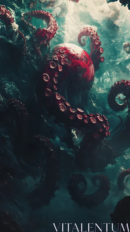 Giant octopus tentacles twist through dark turbulent water