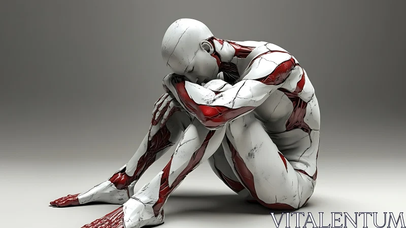 Human-like anatomical figure seated in compact curled pose.