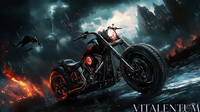 Midnight motorcycle roars through a stormy, fiery city.