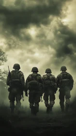 Four weary soldiers carve silhouettes into a stormy horizon
