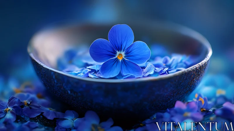 Blue Forget-Me-Not Floating in Stone Bowl with Scattered Petals