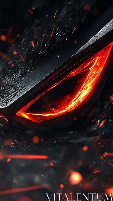 Molten red cybernetic eye slit rendered with high contrast lighting