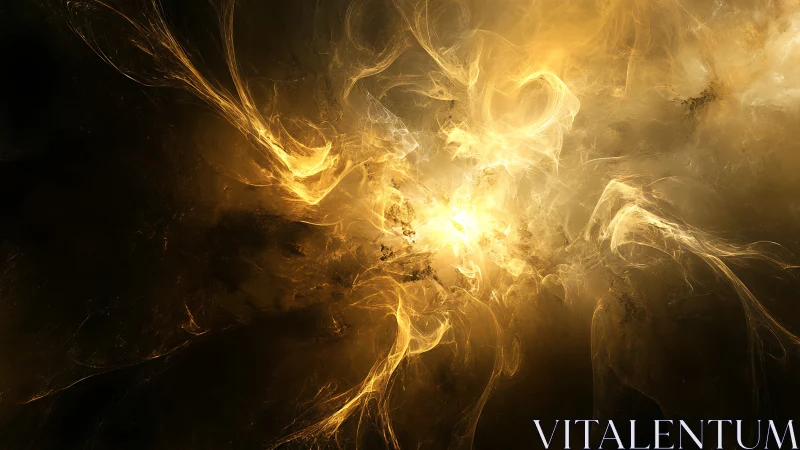 Golden cosmic energy burst over dark abstract void.