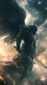 Armored seraphic warbringer amid combustive celestial maelstrom.